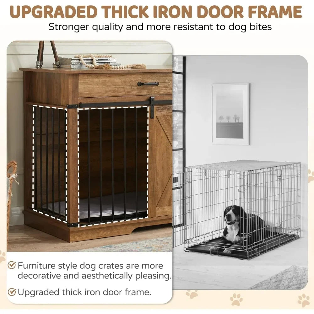Furniture Style Dog Crate with Drawer Farmhouse Wooden Dog Kennel with Sliding Barn Door and Water Resistant Design