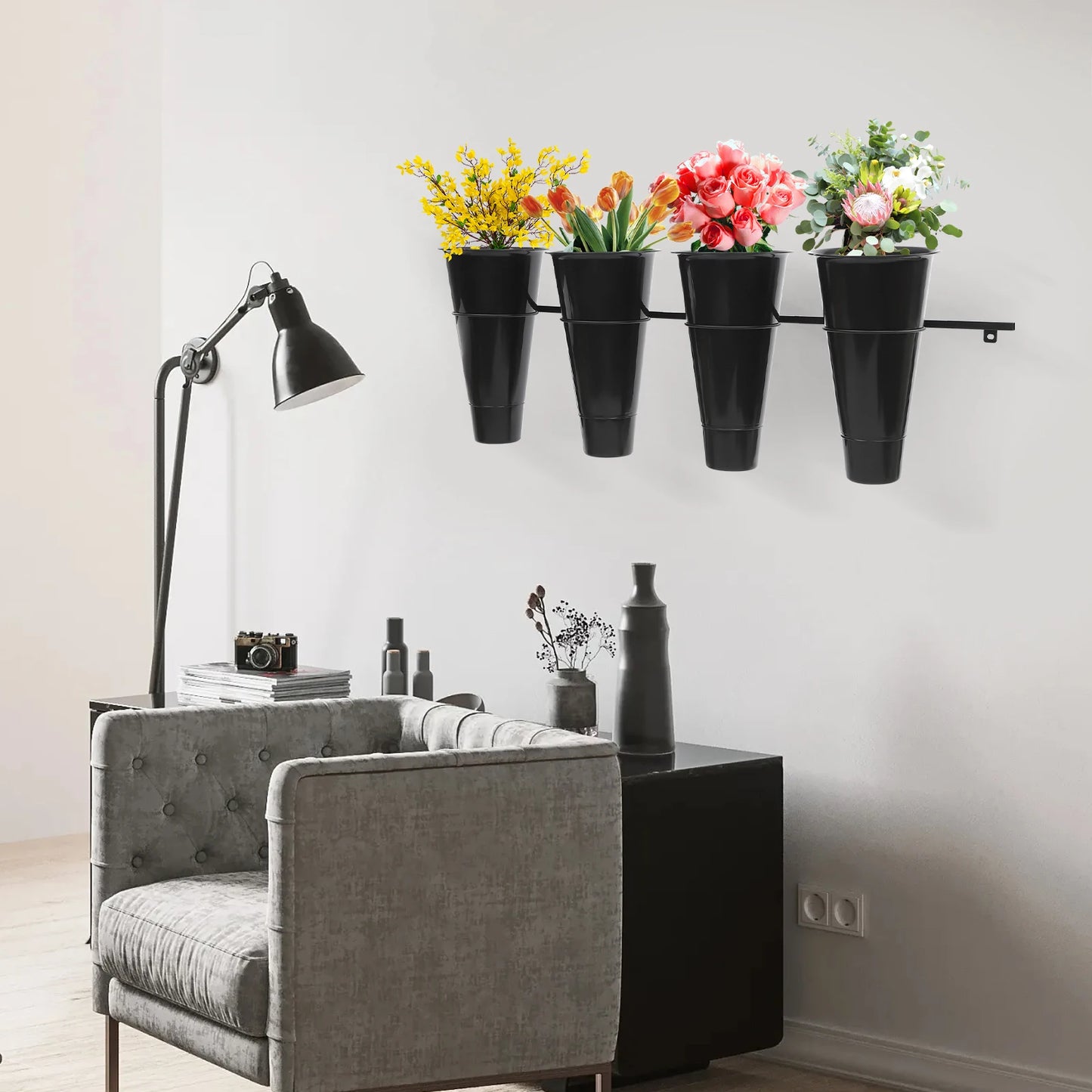 Space Saving Wall Mounted Flower Stand with 4 Buckets for Vertical Gardening at Home