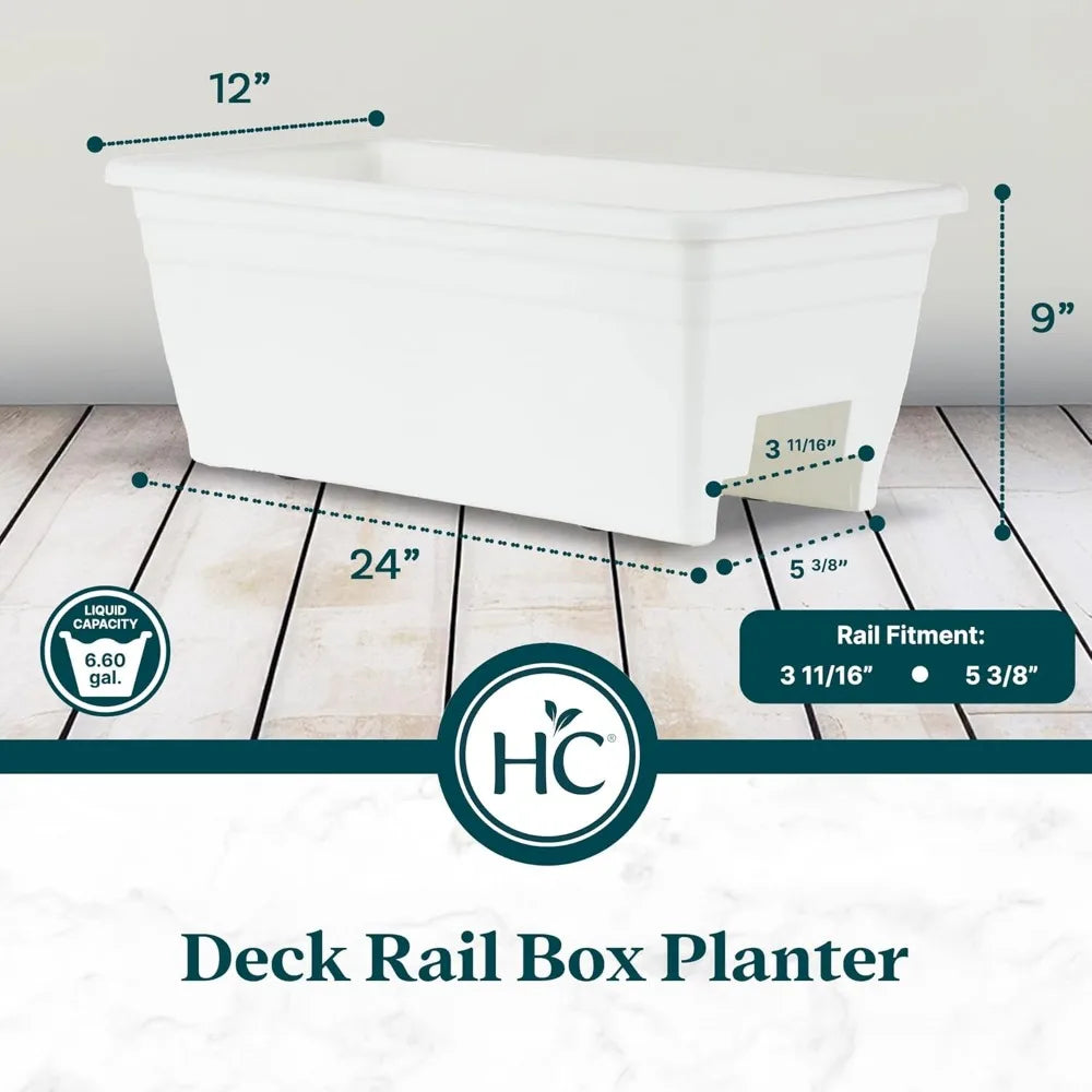 The HC Companies 24 Inch Wide Heavy Duty Plastic Deck Rail Mounted Garden Flower Planter Box with Removable Drainage Plugs White