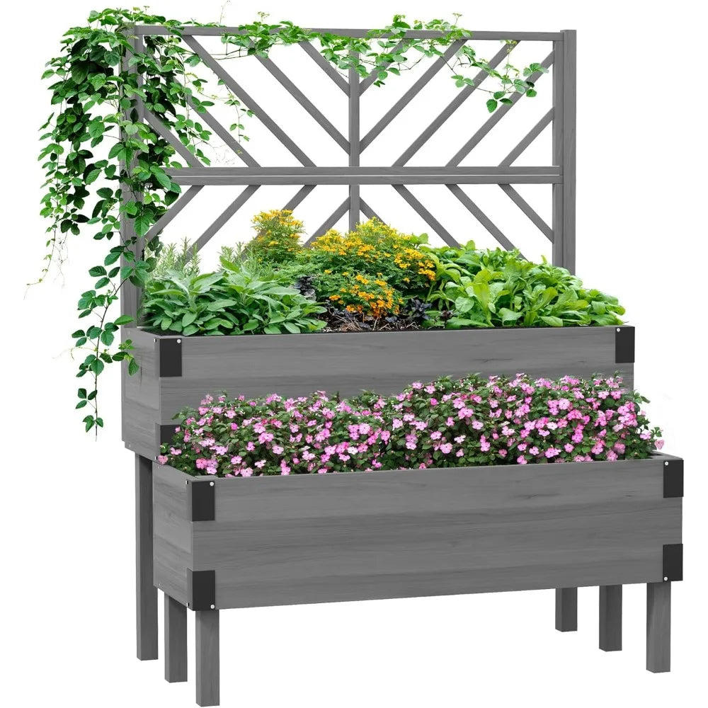 Outsunny Raised Garden Bed with Trellis Two Tier Wooden Elevated Planter Box with Legs and Metal Corners for Vegetables and Flowers