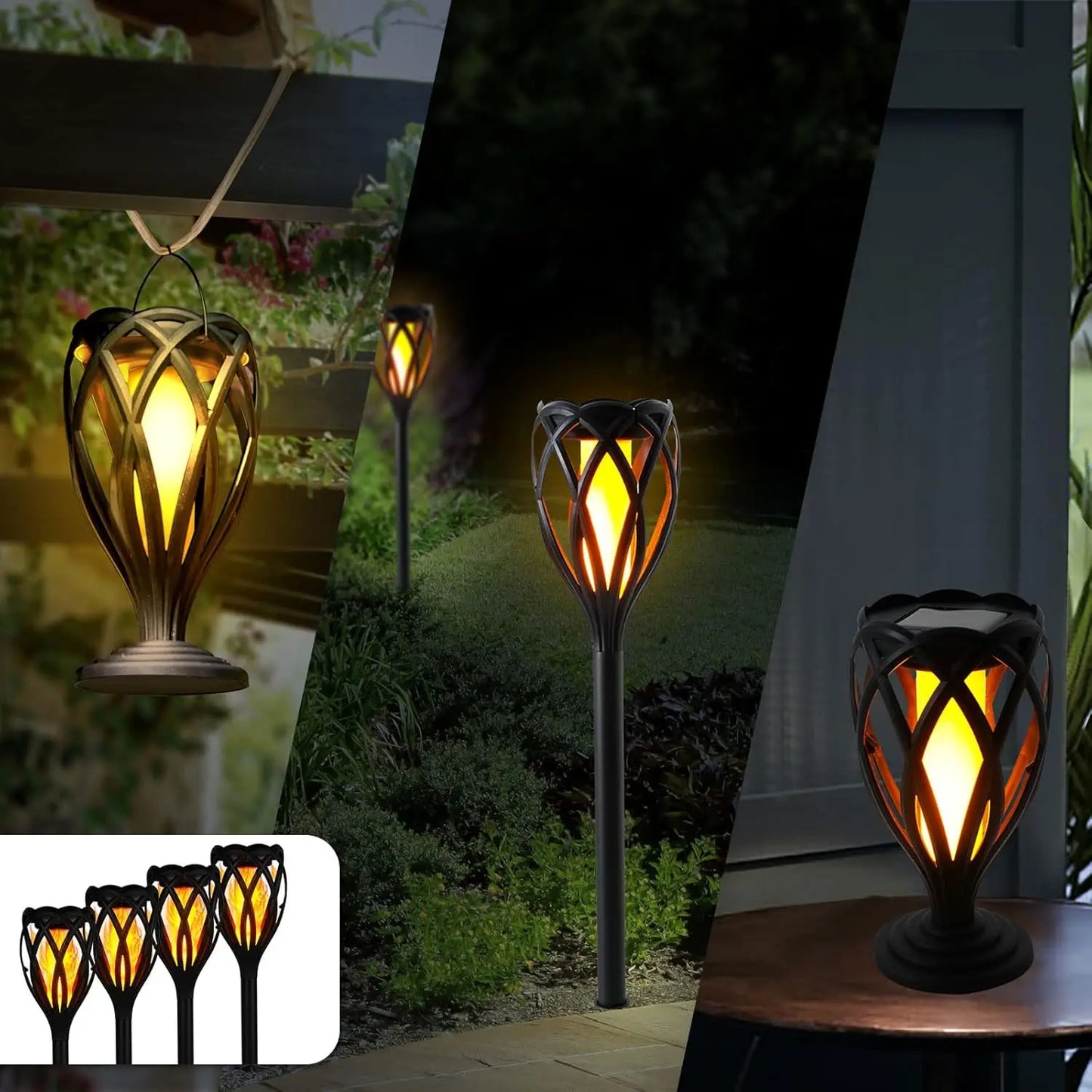 4 Piece Solar Light Outdoor Hanging 3 in 1 Pathway Torch Lights with Flickering Flame Auto Landscape Lights for Garden Lawn