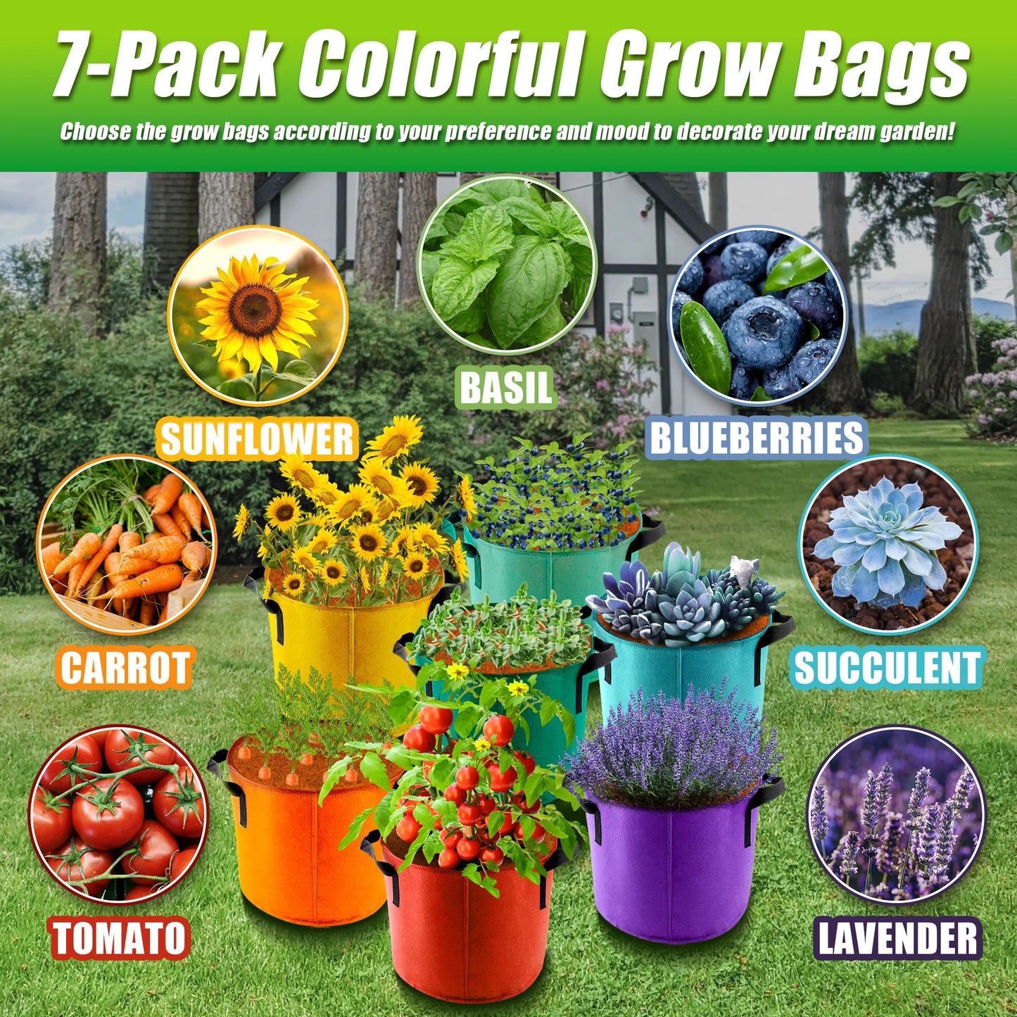 5 Gallon Grow Bags 7 Pack Colorful Fabric Plant Pots with Handles for Garden and Outdoor Planting