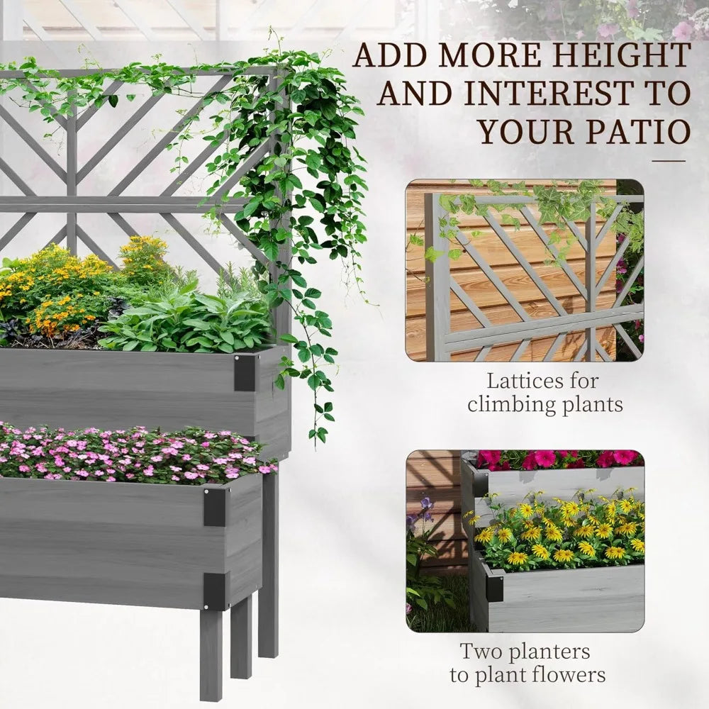 Outsunny Raised Garden Bed with Trellis Two Tier Wooden Elevated Planter Box with Legs and Metal Corners for Vegetables and Flowers