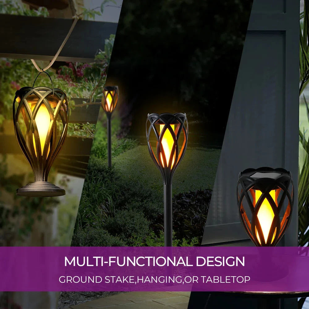 4 Piece Solar Light Outdoor Hanging 3 in 1 Pathway Torch Lights with Flickering Flame Auto Landscape Lights for Garden Lawn