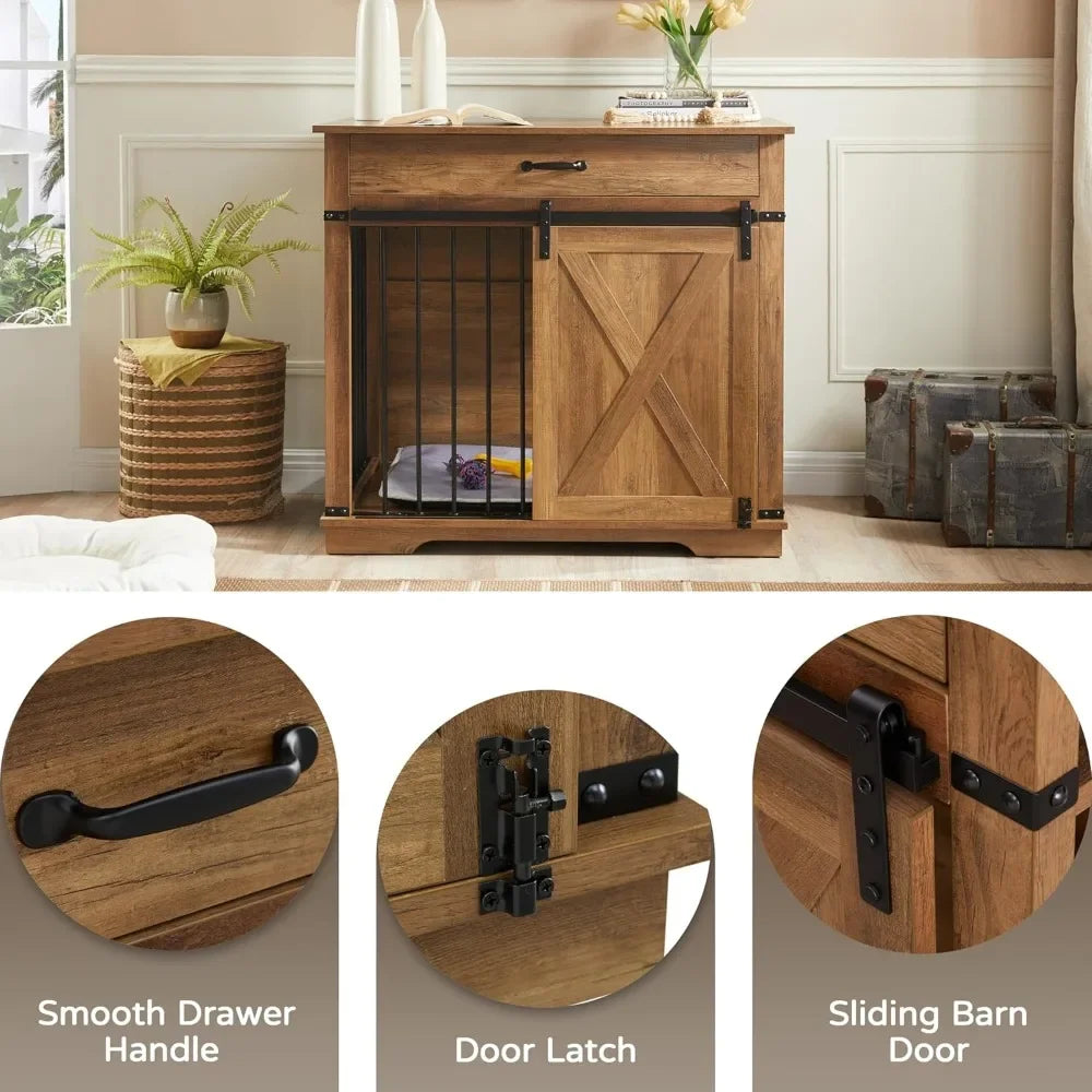 Furniture Style Dog Crate with Drawer Farmhouse Wooden Dog Kennel with Sliding Barn Door and Water Resistant Design