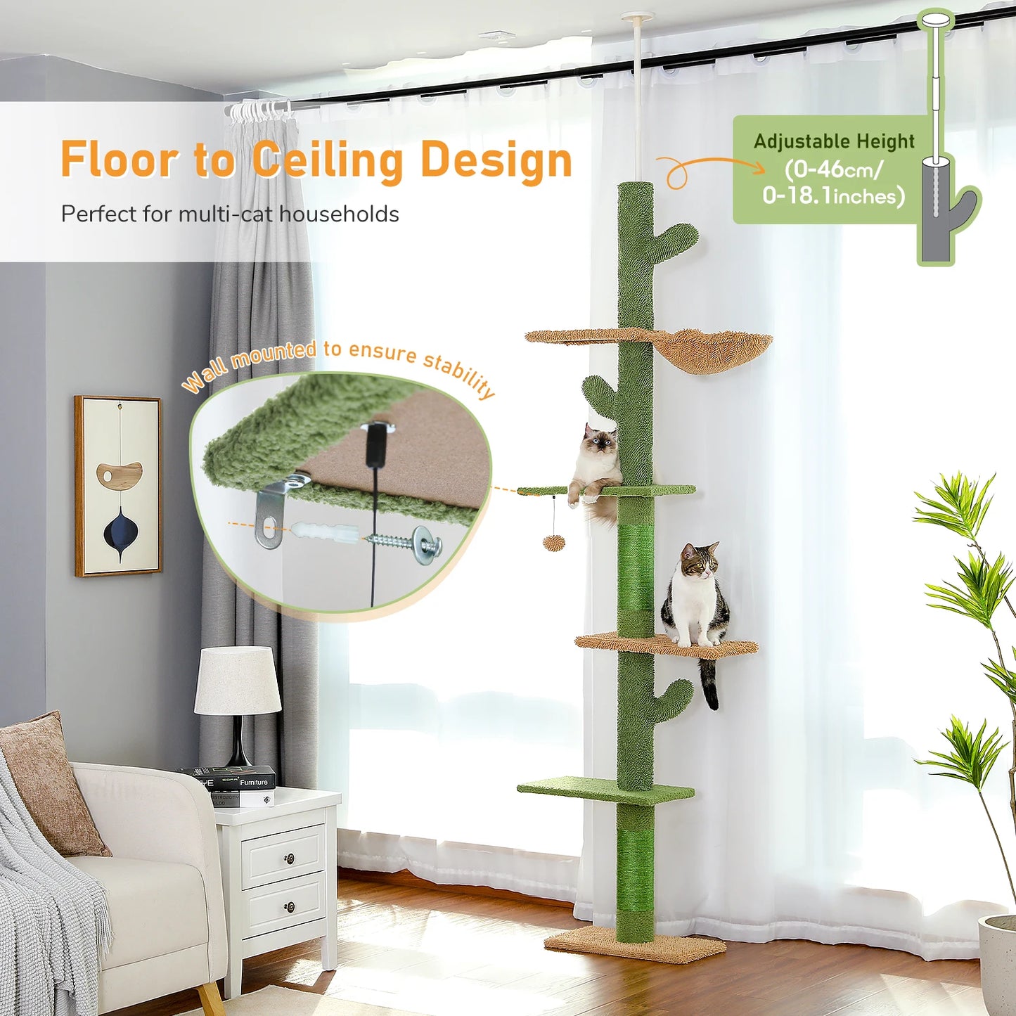Cat Tree 5 Tier Floor to Ceiling Cat Tower Cactus Tall Climbing Tree with Scratching Post Hammock and Dangling Ball for Indoor Cats
