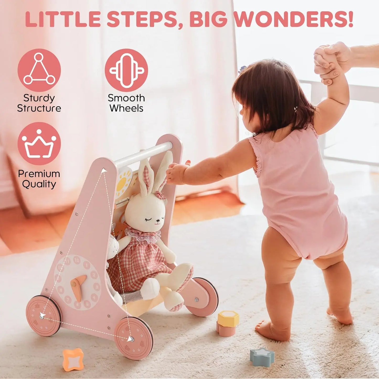 Robotime Robud Wooden Baby Walker with Wheels Montessori Push Toys for Babies Learning to Walk Activity Center