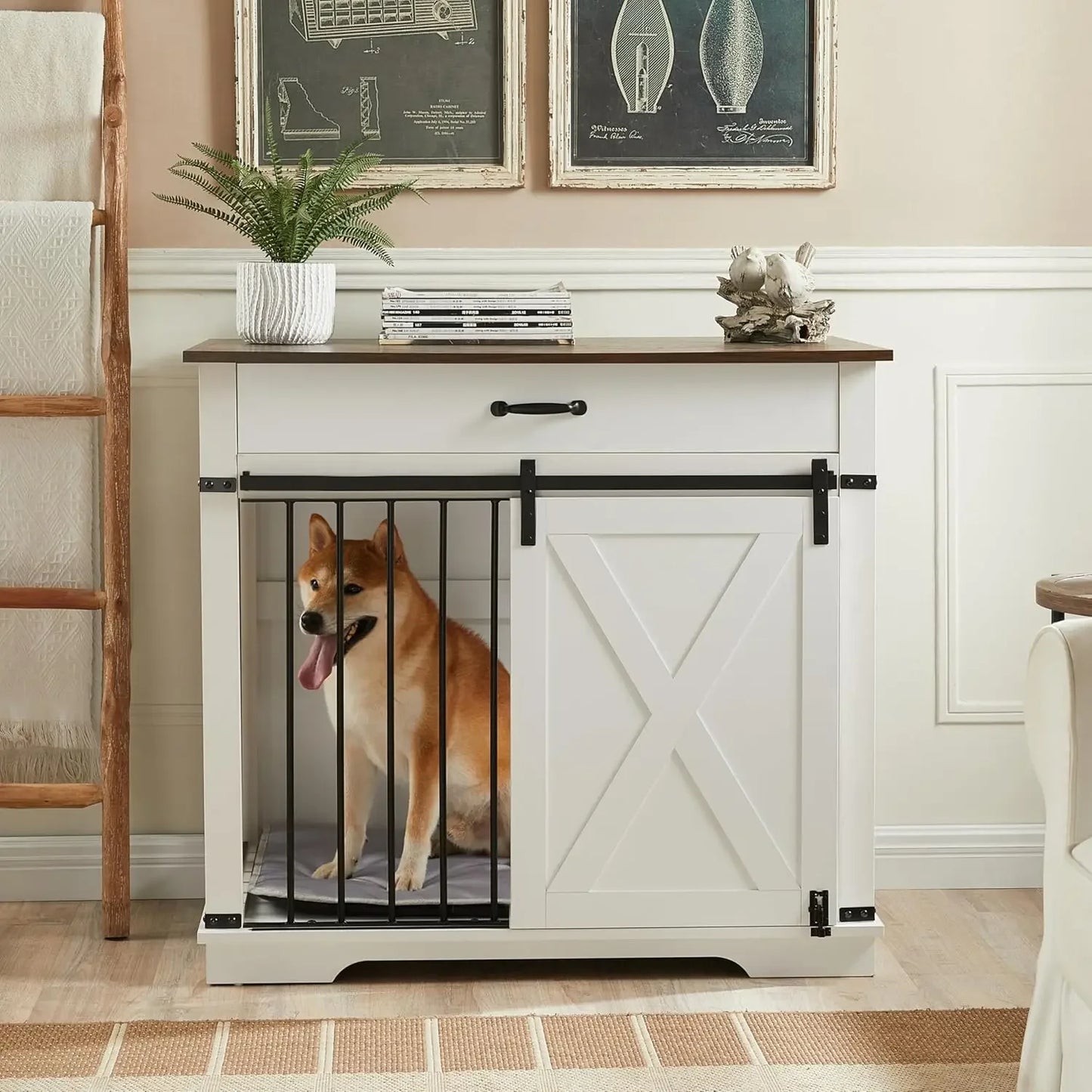 Furniture Style Dog Crate with Drawer Farmhouse Wooden Dog Kennel with Sliding Barn Door and Water Resistant Design