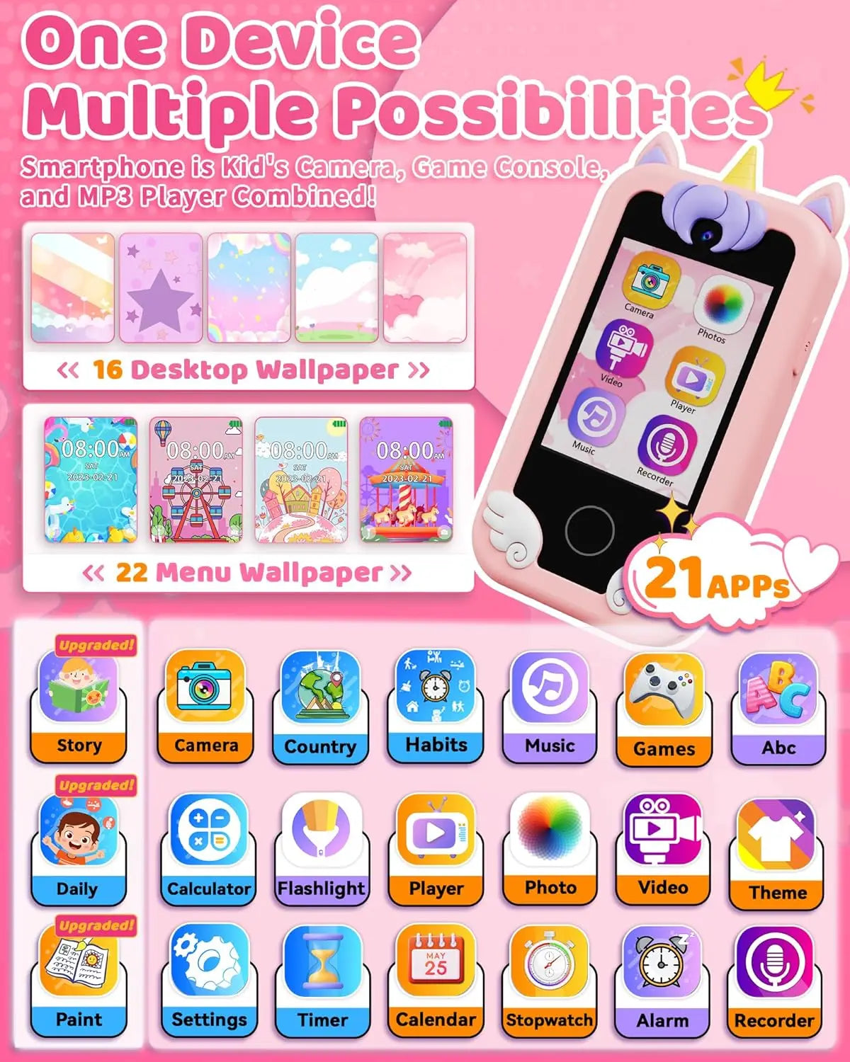 Kids Phone Toys for Girls Age 3-8 with MP3 Music Player