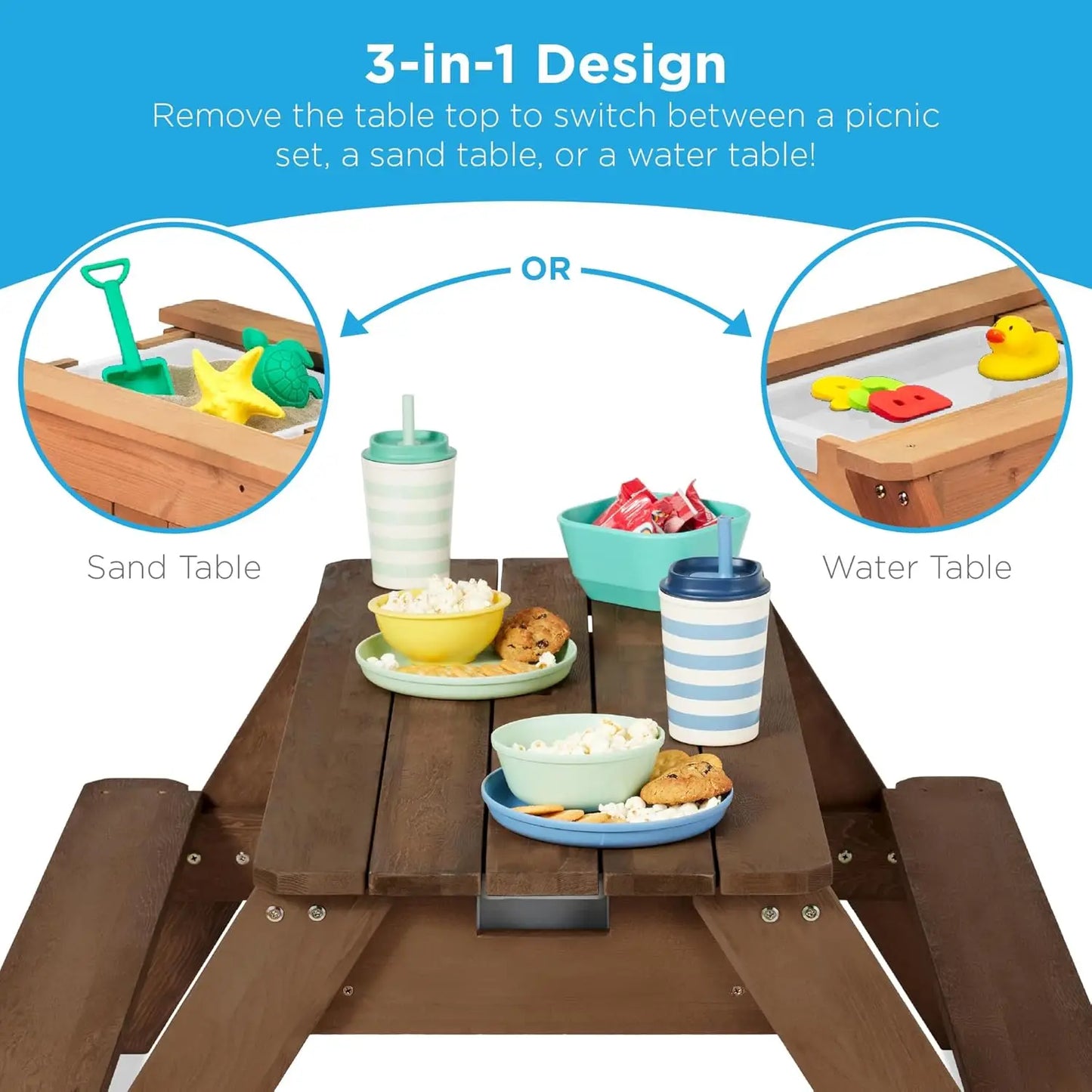 3 In 1 Sand And Water Table Wood Outdoor Convertible Picnic Table With Umbrella 2 Trays Removable Top 220lb Capacity