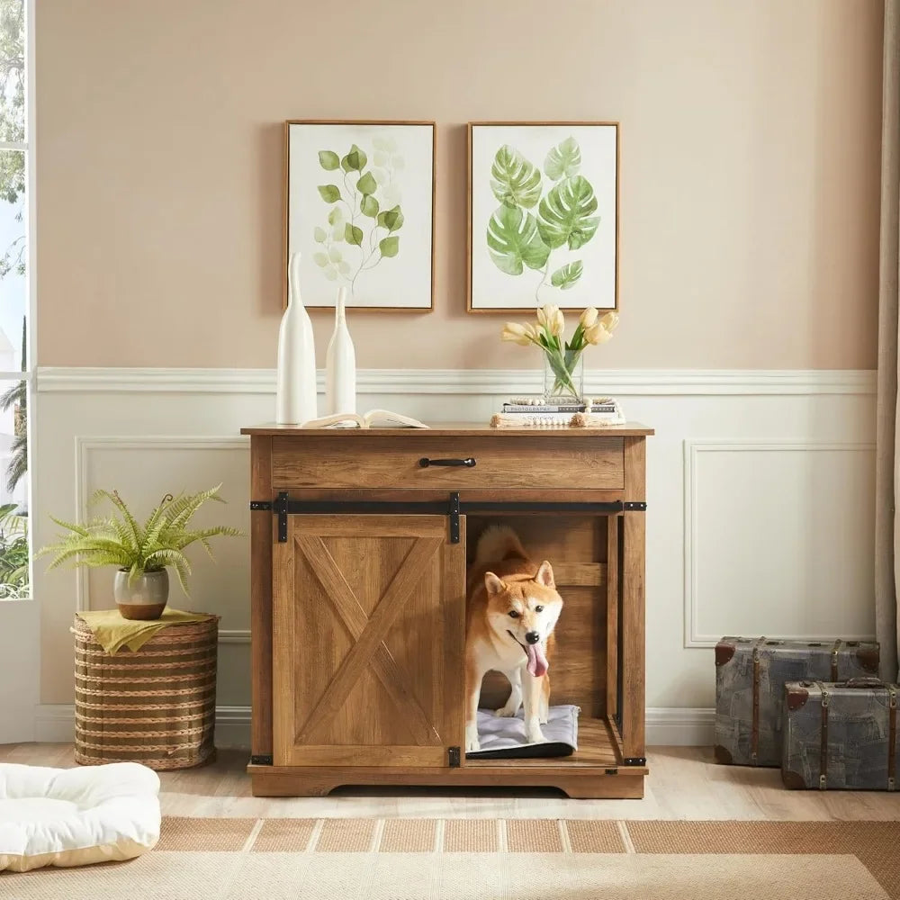 Furniture Style Dog Crate with Drawer Farmhouse Wooden Dog Kennel with Sliding Barn Door and Water Resistant Design