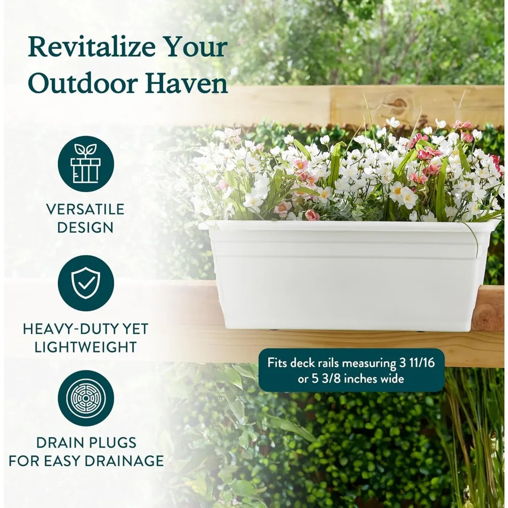 The HC Companies 24 Inch Wide Heavy Duty Plastic Deck Rail Mounted Garden Flower Planter Box with Removable Drainage Plugs White