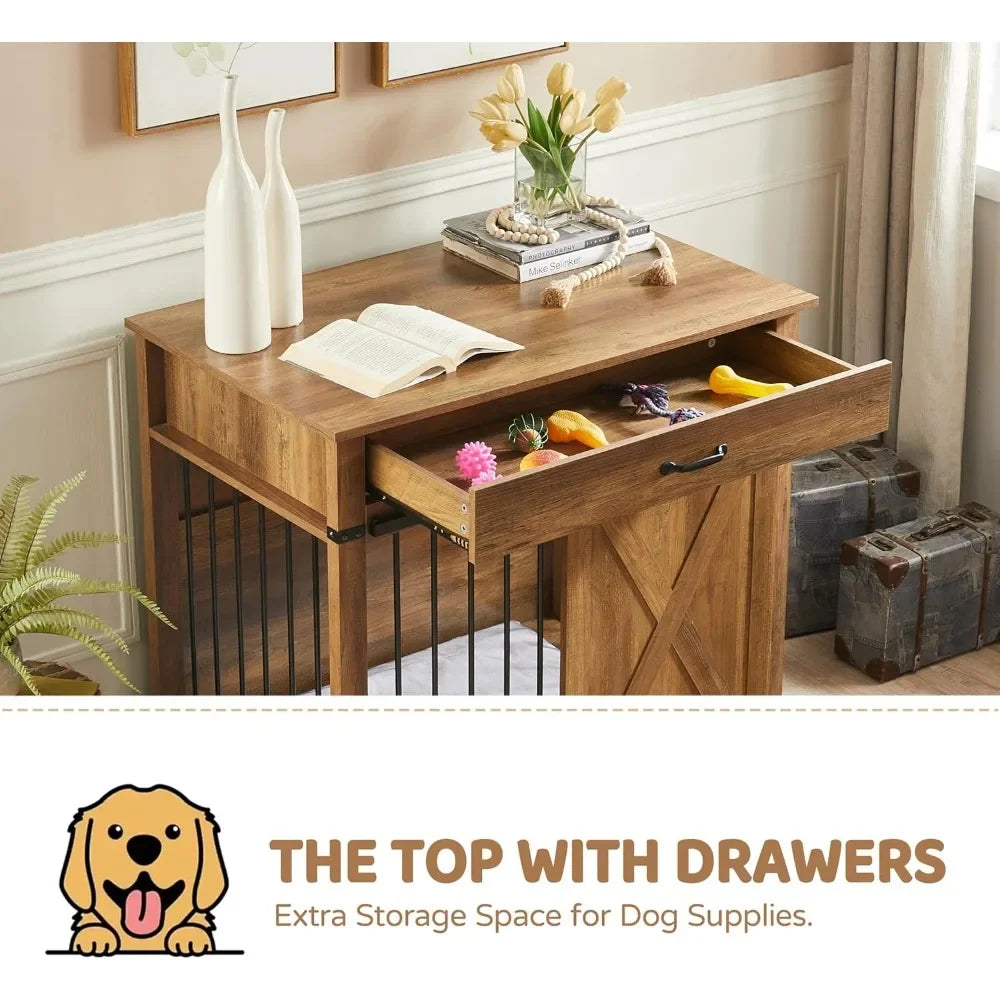 Furniture Style Dog Crate with Drawer Farmhouse Wooden Dog Kennel with Sliding Barn Door and Water Resistant Design