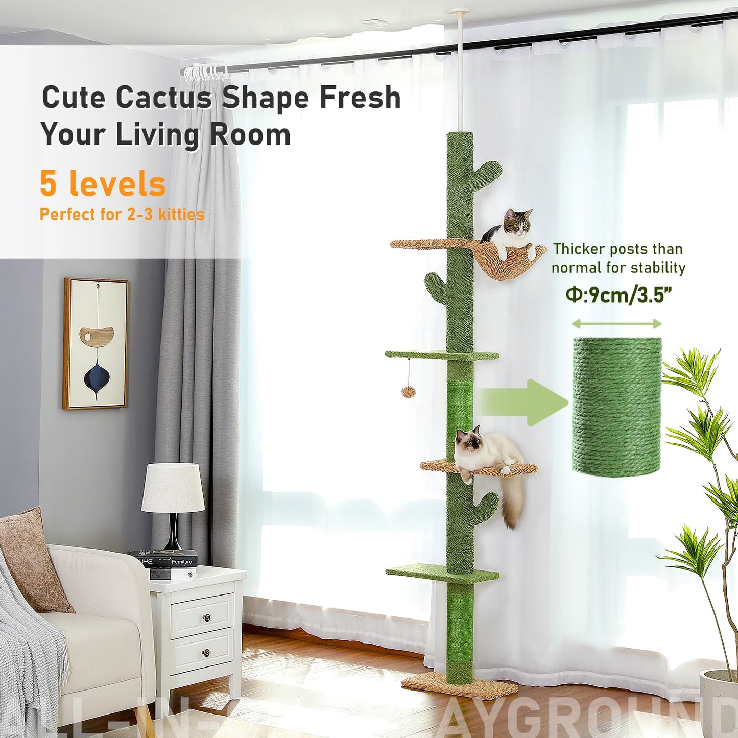 Cat Tree 5 Tier Floor to Ceiling Cat Tower Cactus Tall Climbing Tree with Scratching Post Hammock and Dangling Ball for Indoor Cats