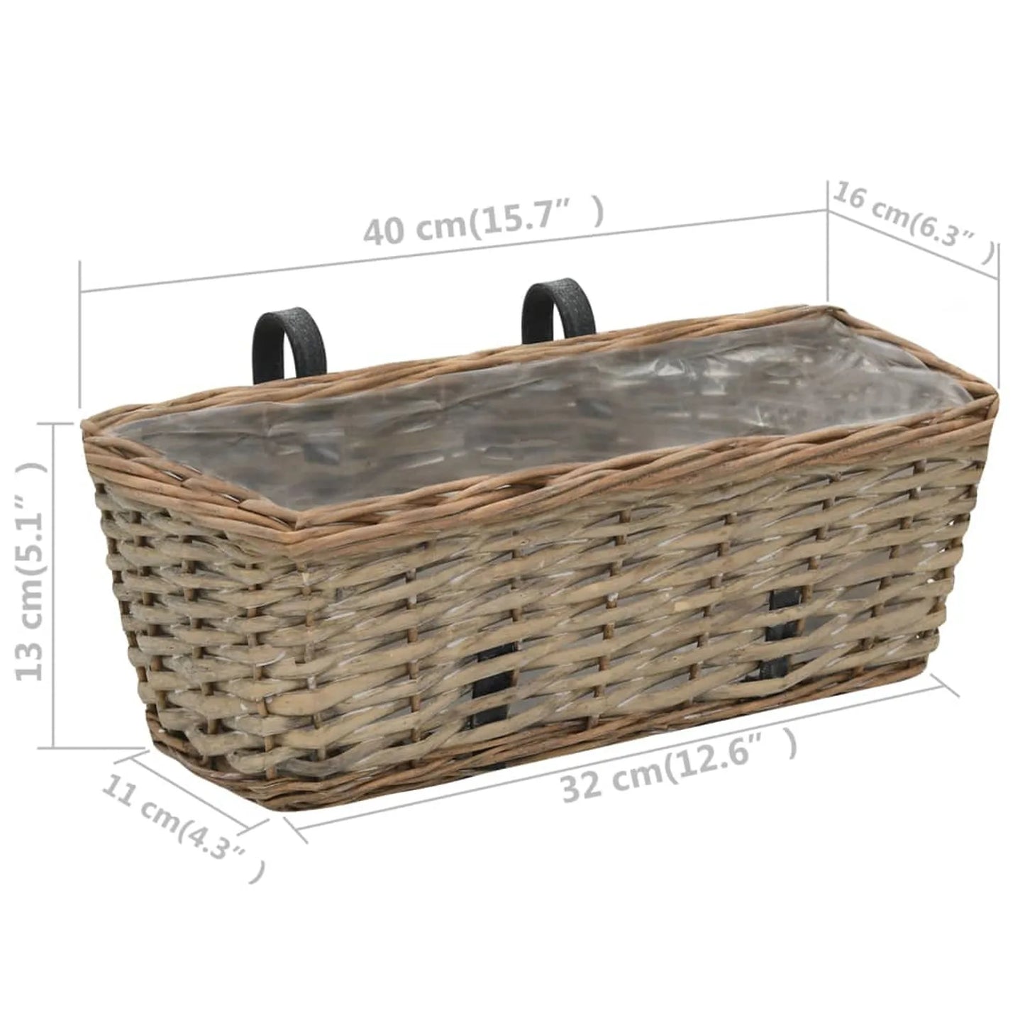 15.7 Inch Balcony Planters Set of 2 Railing Hanging Wicker with PE Lining for Outdoor Garden Decor Growing Vegetables Herbs and Flowers