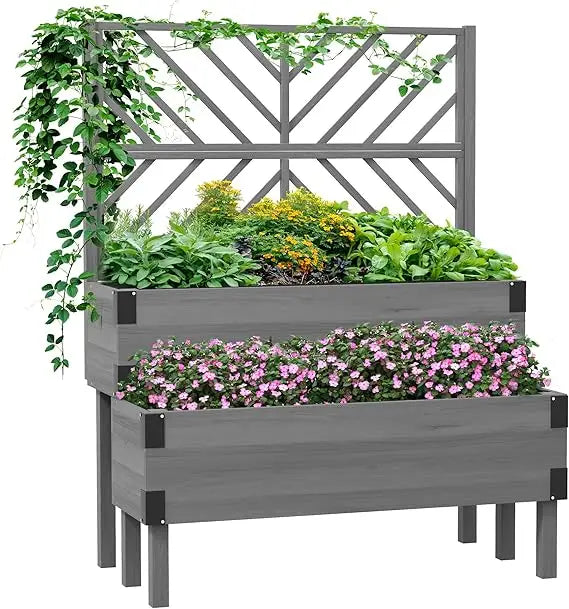 Outsunny Raised Garden Bed with Trellis Two Tier Wooden Elevated Planter Box with Legs and Metal Corners for Vegetables and Flowers