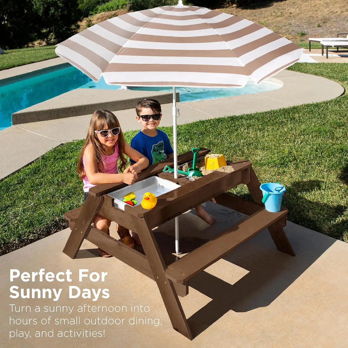 3 In 1 Sand And Water Table Wood Outdoor Convertible Picnic Table With Umbrella 2 Trays Removable Top 220lb Capacity