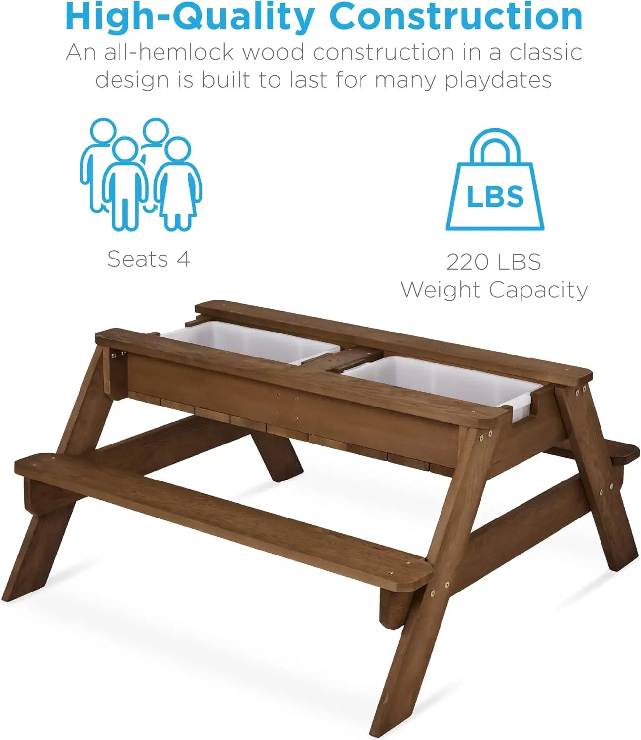 3 In 1 Sand And Water Table Wood Outdoor Convertible Picnic Table With Umbrella 2 Trays Removable Top 220lb Capacity
