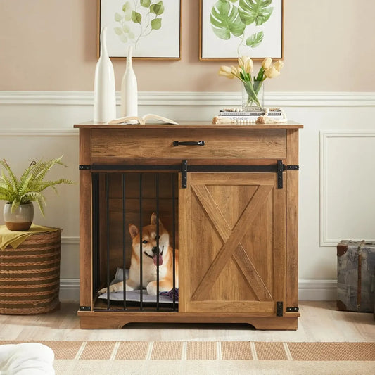 Furniture Style Dog Crate with Drawer Farmhouse Wooden Dog Kennel with Sliding Barn Door and Water Resistant Design