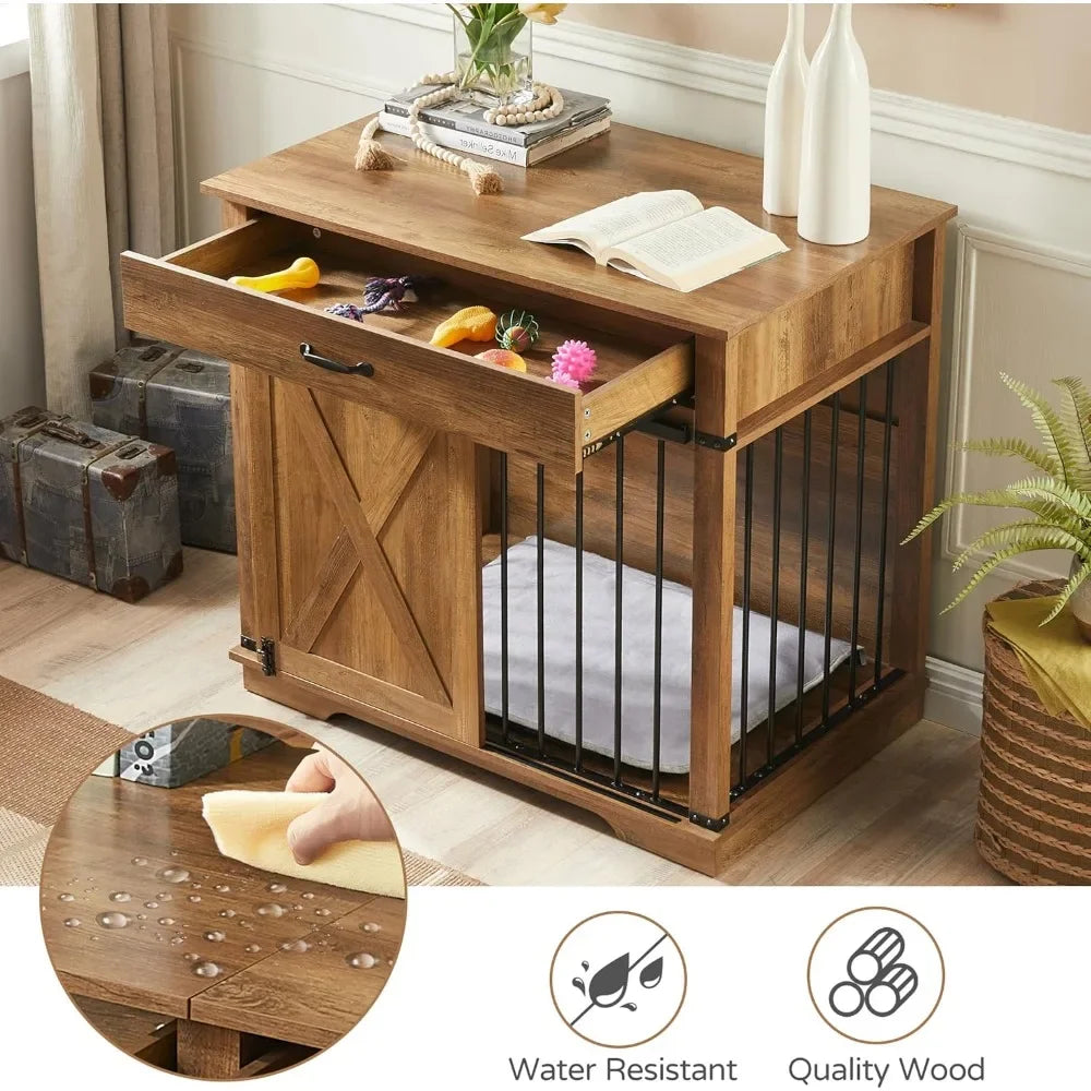 Furniture Style Dog Crate with Drawer Farmhouse Wooden Dog Kennel with Sliding Barn Door and Water Resistant Design