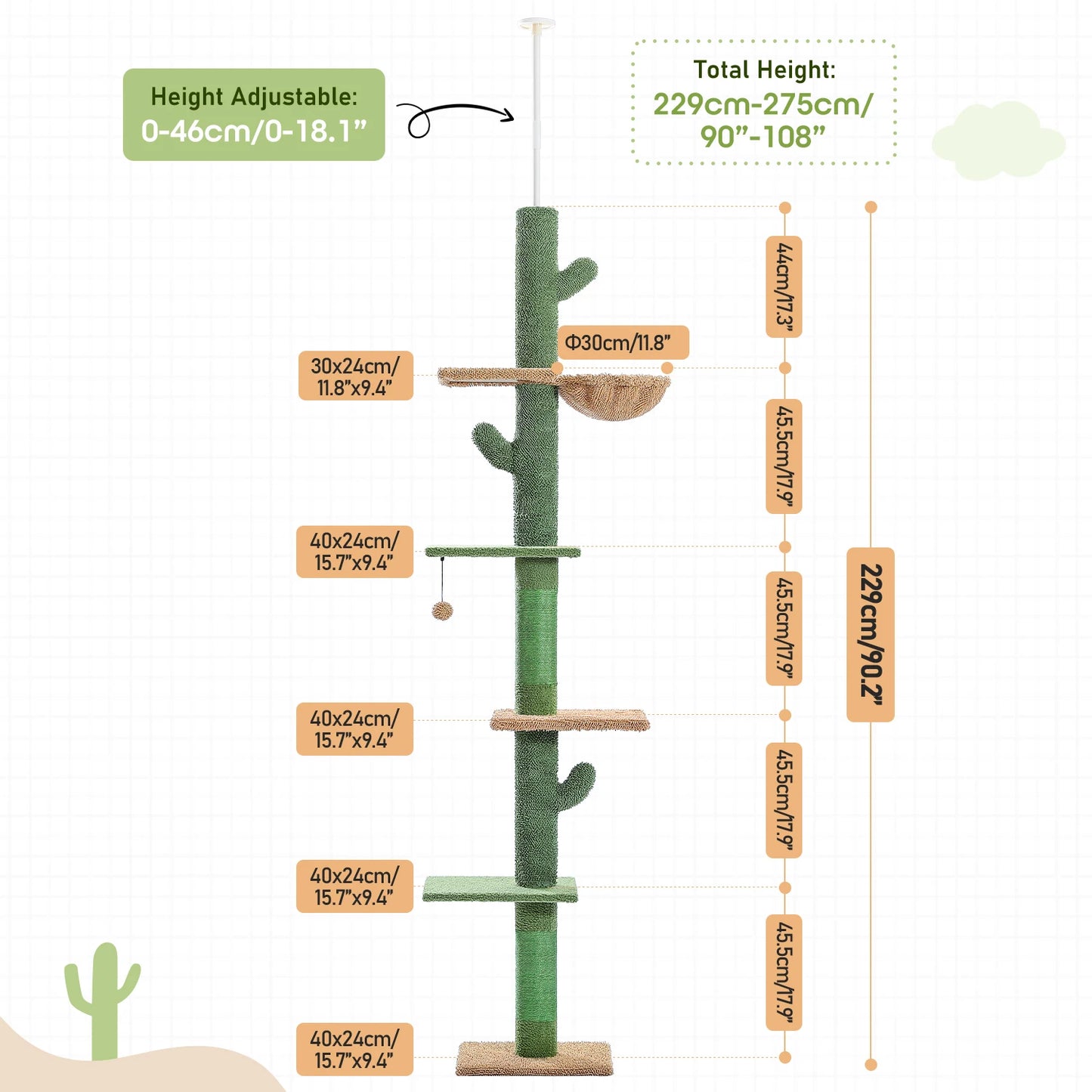 Cat Tree 5 Tier Floor to Ceiling Cat Tower Cactus Tall Climbing Tree with Scratching Post Hammock and Dangling Ball for Indoor Cats
