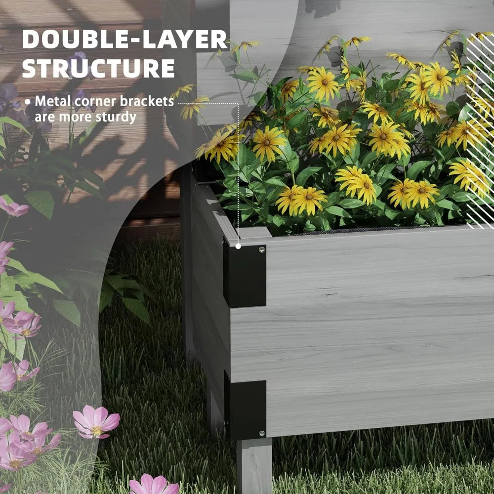Outsunny Raised Garden Bed with Trellis Two Tier Wooden Elevated Planter Box with Legs and Metal Corners for Vegetables and Flowers