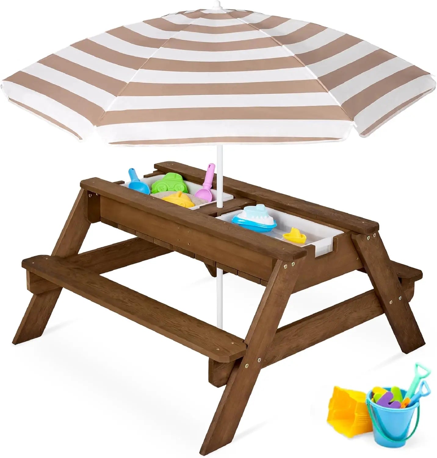 3 In 1 Sand And Water Table Wood Outdoor Convertible Picnic Table With Umbrella 2 Trays Removable Top 220lb Capacity