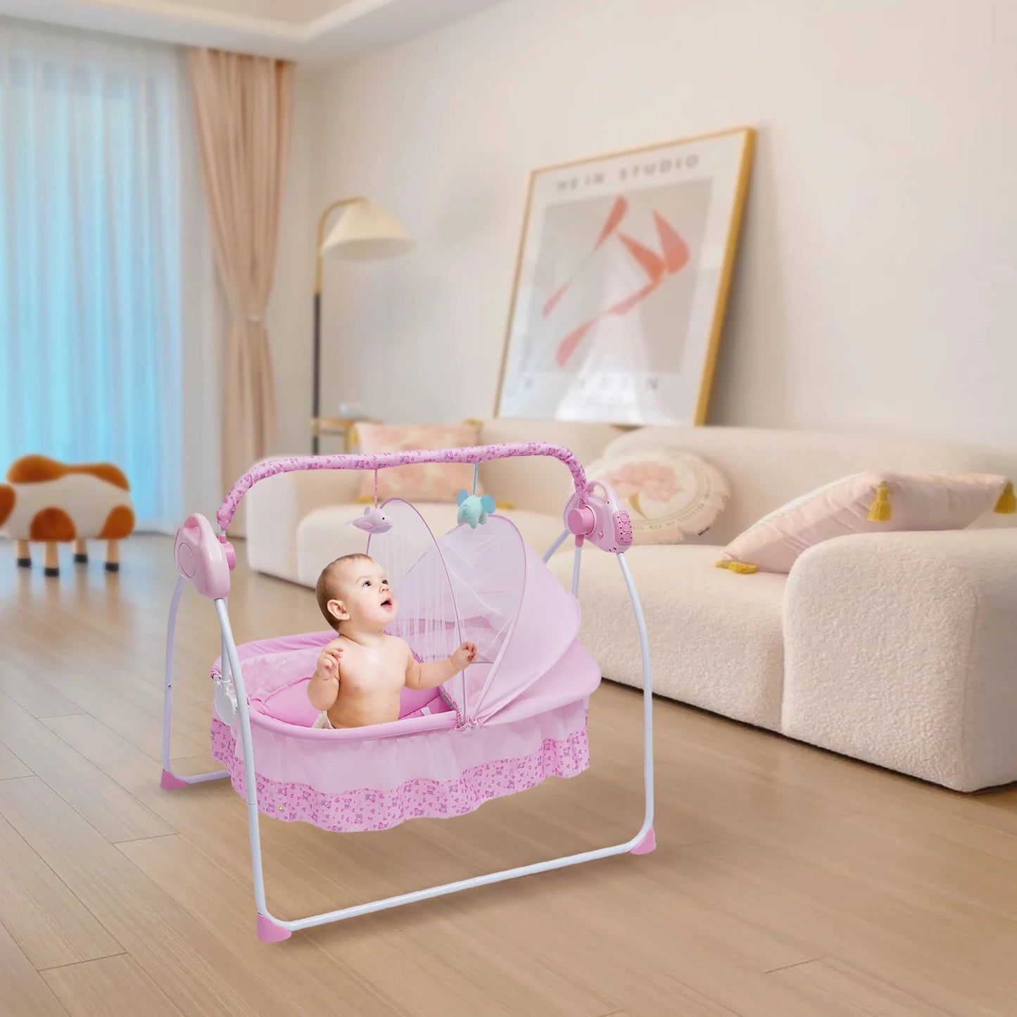 BYMAOCAR 5 Gears Electric Baby Crib Cradle Bluetooth Auto-Swing Rocking Bassinet