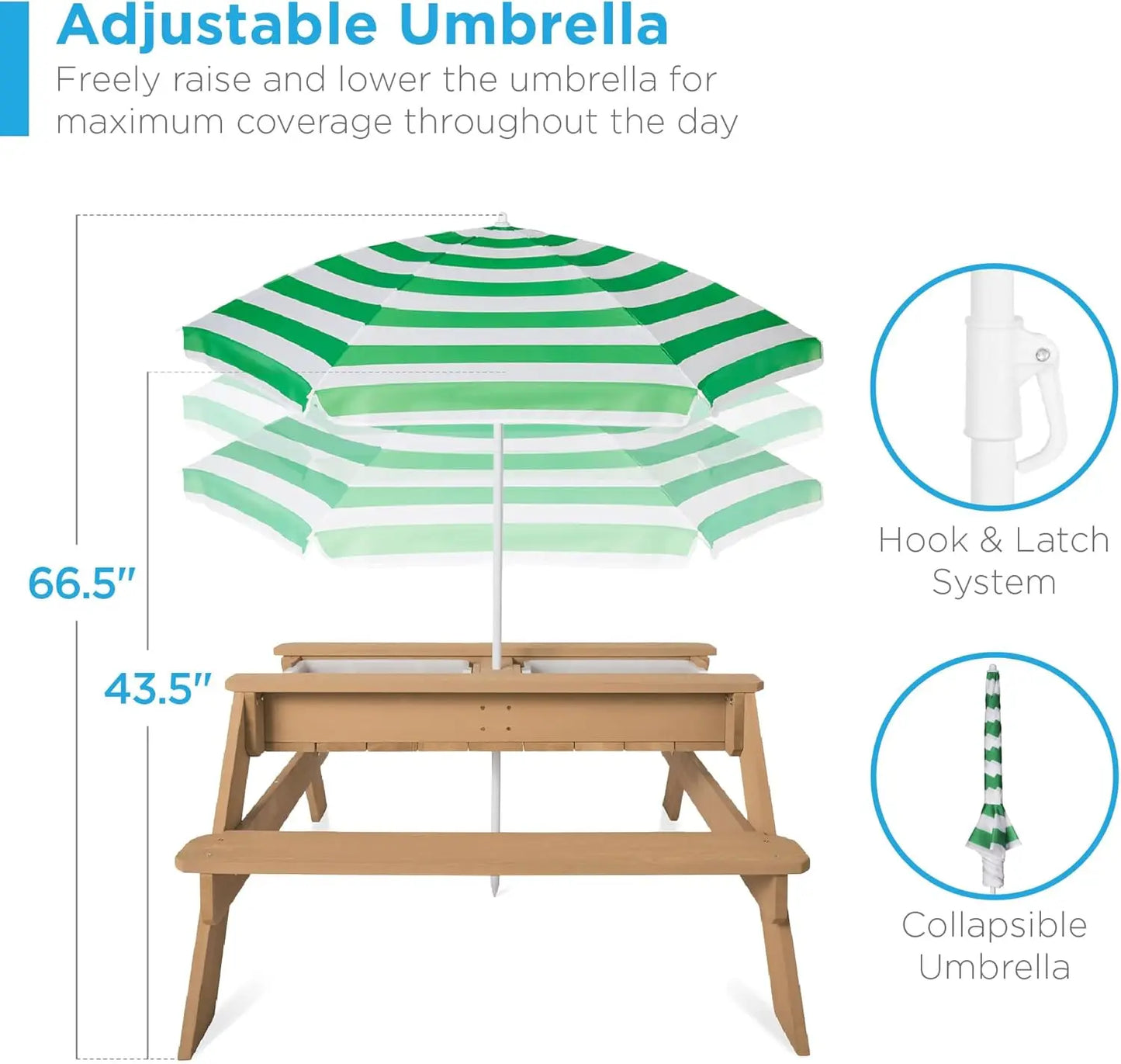 3 In 1 Sand And Water Table Wood Outdoor Convertible Picnic Table With Umbrella 2 Trays Removable Top 220lb Capacity