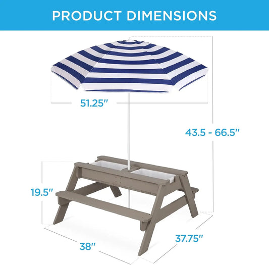 3 In 1 Sand And Water Table Wood Outdoor Convertible Picnic Table With Umbrella 2 Trays Removable Top 220lb Capacity