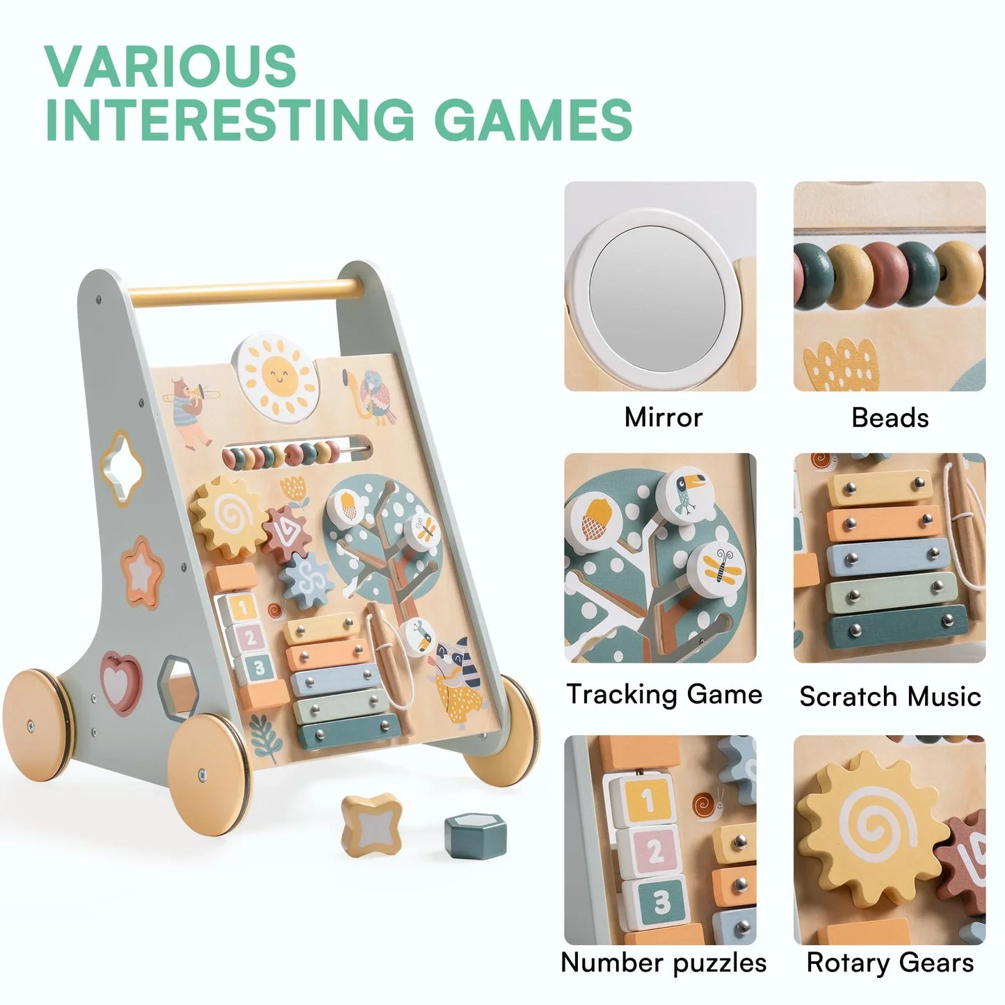 Robotime Robud Wooden Baby Walker with Wheels Montessori Push Toys for Babies Learning to Walk Activity Center