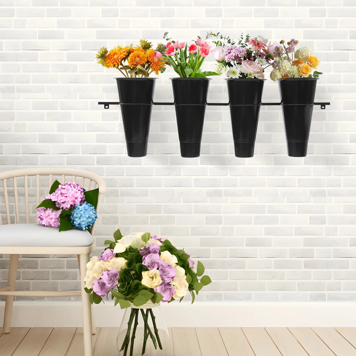 Space Saving Wall Mounted Flower Stand with 4 Buckets for Vertical Gardening at Home