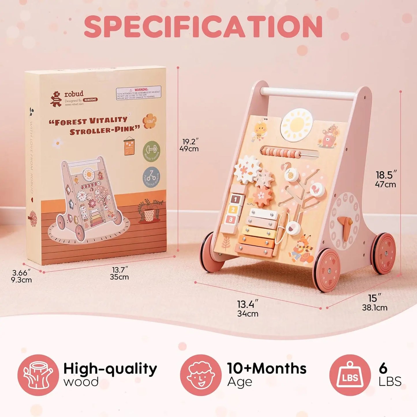 Robotime Robud Wooden Baby Walker with Wheels Montessori Push Toys for Babies Learning to Walk Activity Center