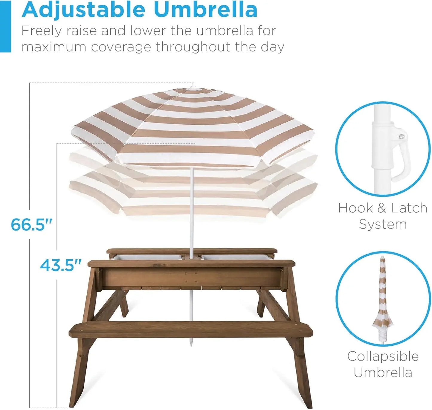 3 In 1 Sand And Water Table Wood Outdoor Convertible Picnic Table With Umbrella 2 Trays Removable Top 220lb Capacity