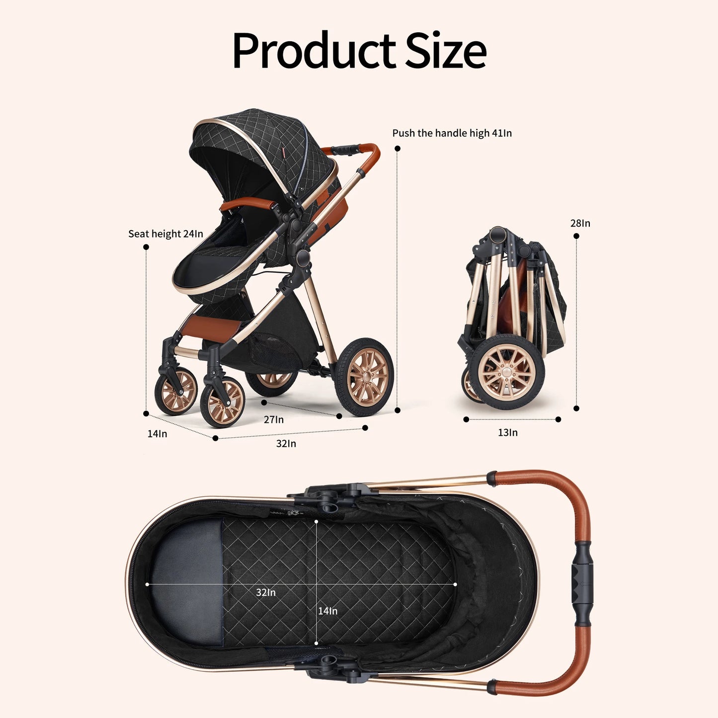 Luxury Baby Stroller 3 in 1 High Landscape Pushchair