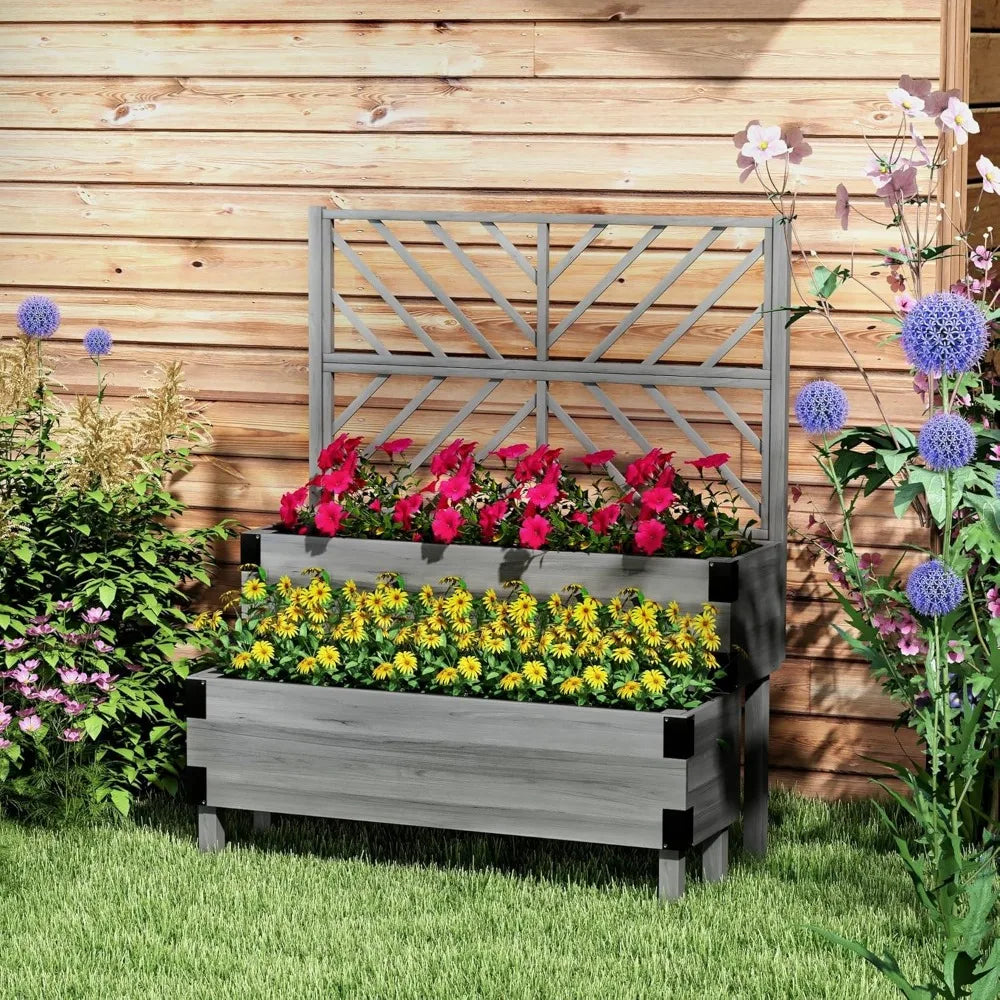 Outsunny Raised Garden Bed with Trellis Two Tier Wooden Elevated Planter Box with Legs and Metal Corners for Vegetables and Flowers