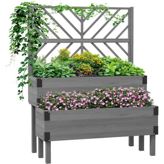 Outsunny Raised Garden Bed with Trellis Two Tier Wooden Elevated Planter Box with Legs and Metal Corners for Vegetables and Flowers