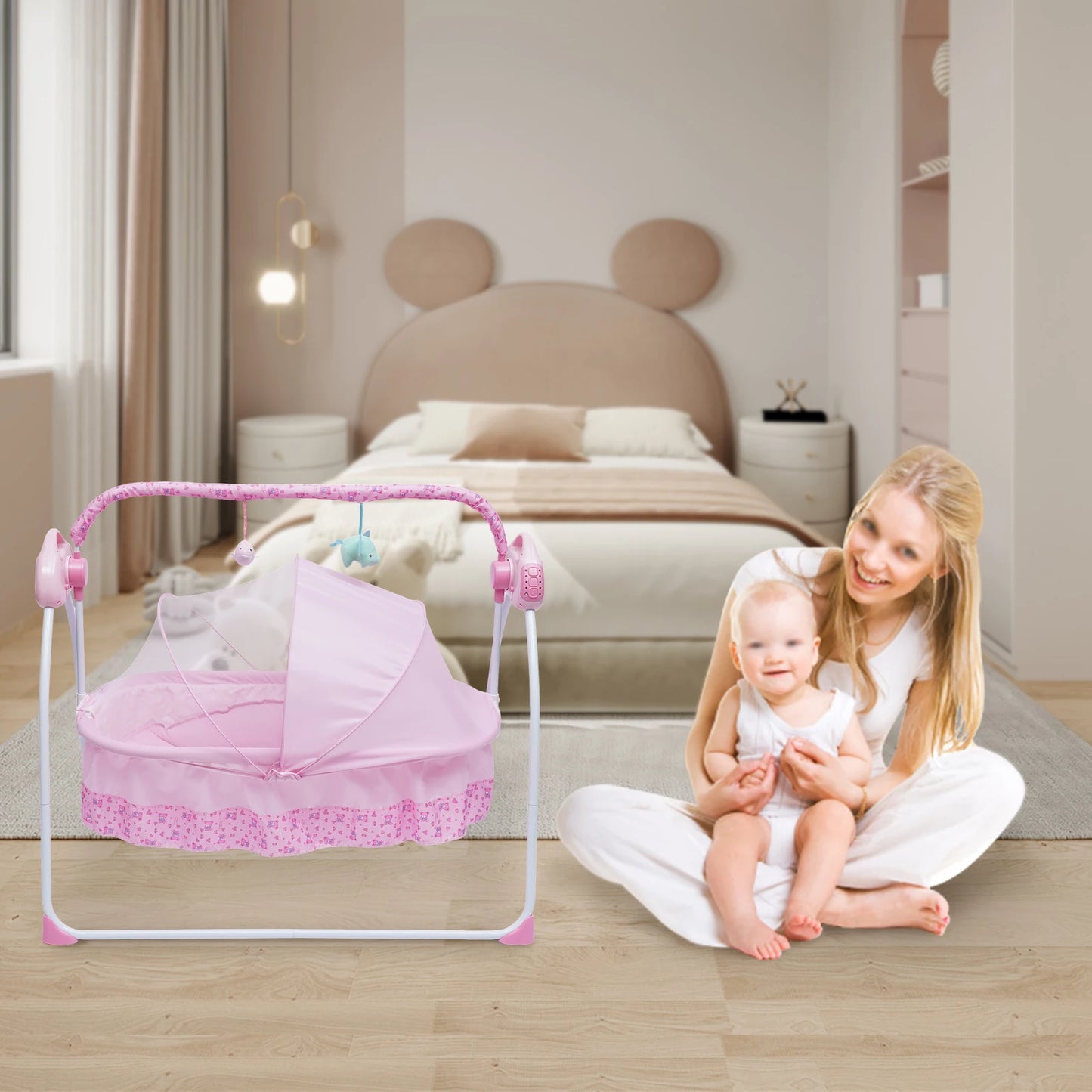 BYMAOCAR 5 Gears Electric Baby Crib Cradle Bluetooth Auto-Swing Rocking Bassinet